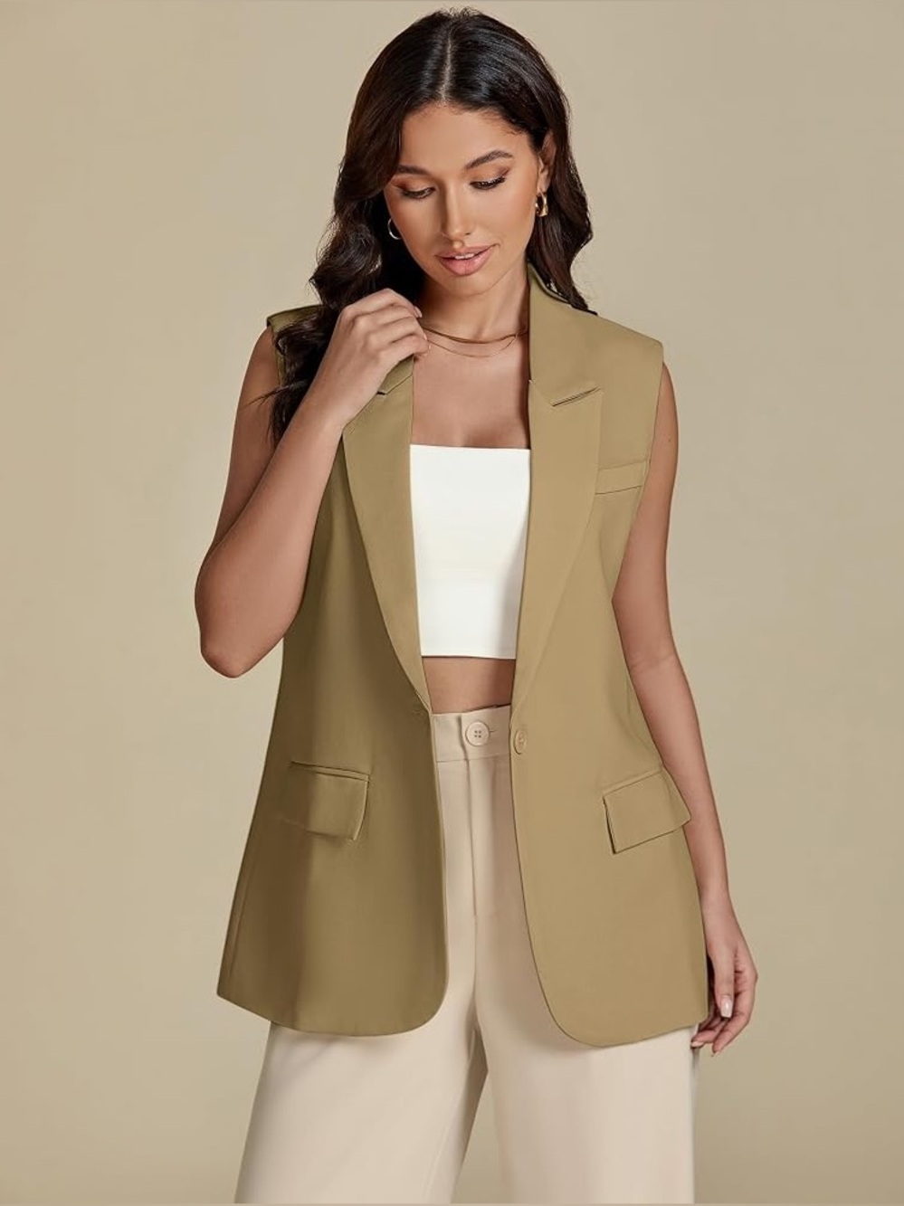NWOT olive green sleeveless one-button vest Size L.